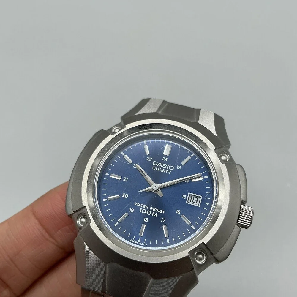 Casio MTP-3036 Mens Watch 42mm Silver Tone Blue Dial 100M Date New Battery 5.75